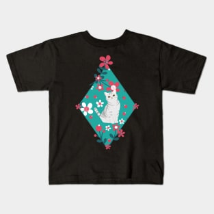 American Shorthair Cat and Flowers - Teal Kids T-Shirt